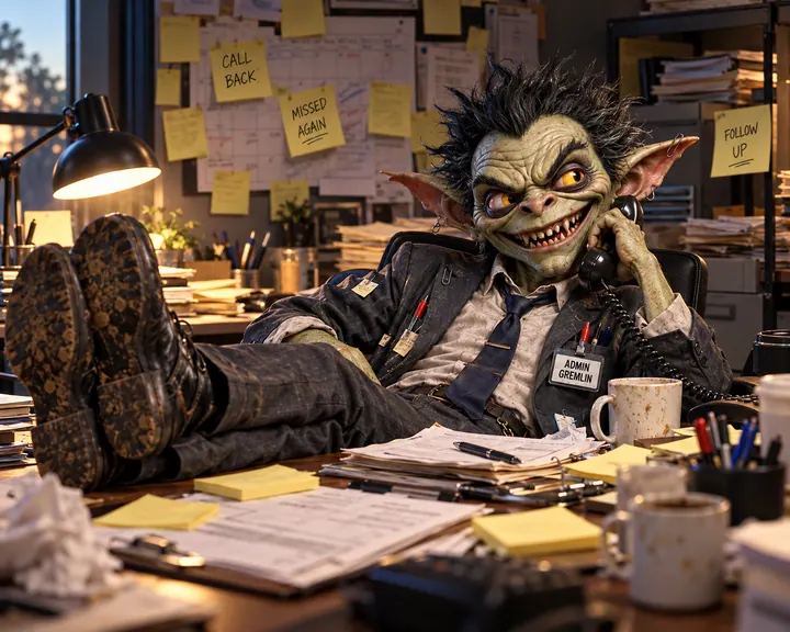 The admin gremlin with his boots on a desk buried in sticky notes, ignoring the phone