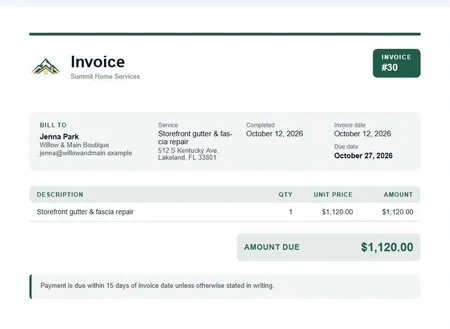 An invoice PDF with the business’s logo, colors, line items and amount due
