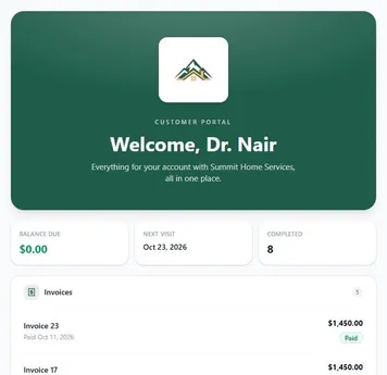 The customer portal home: balance due, next visit, completed visits and invoices