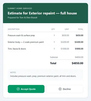 A customer-facing quote in the business’s own colors with Accept Quote and Decline buttons