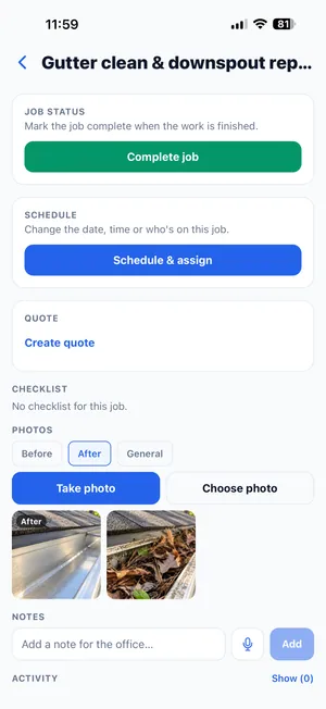 The phone app job screen with before and after photos