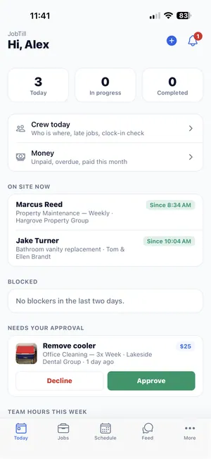 The JobTill phone app Today screen: who is on site, blockers and approvals